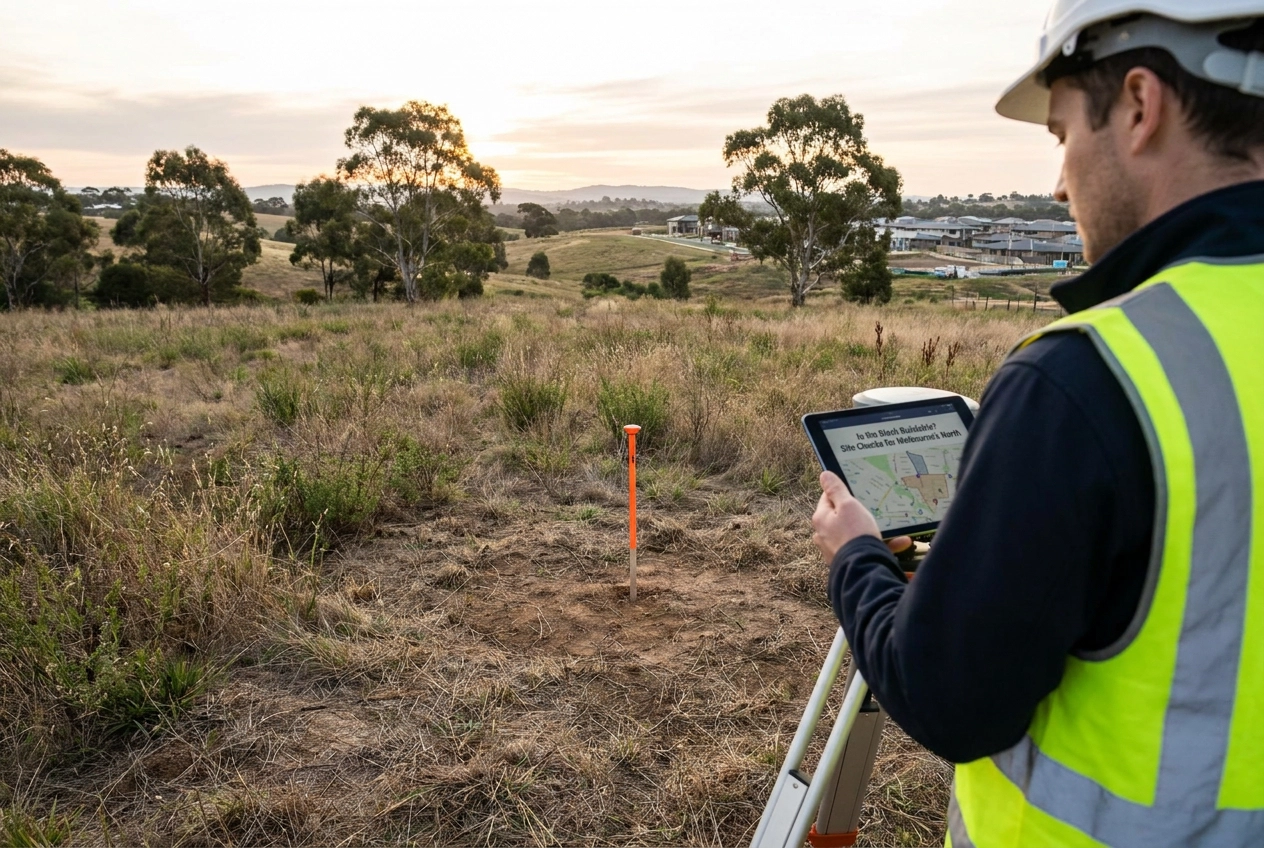 Professional header image for educational tutorial: Is the Block Buildable? Site Checks for Melbourne's North