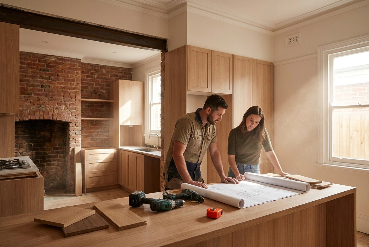 Professional header image for comparison analysis: Is Your Melbourne Kitchen Renovation Joinery or a Rebuild?