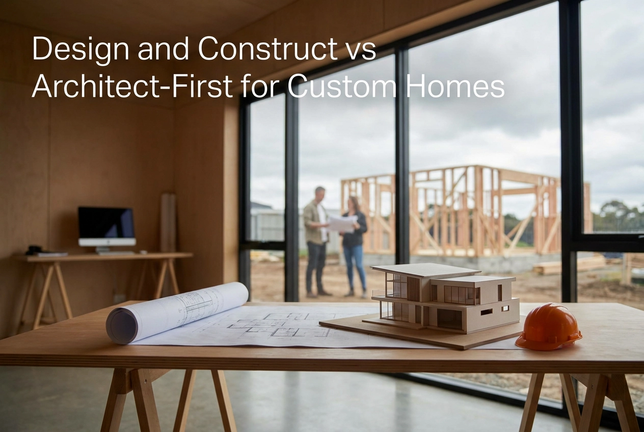 Professional header image for comparison analysis: Design and Construct vs Architect-First for Custom Homes